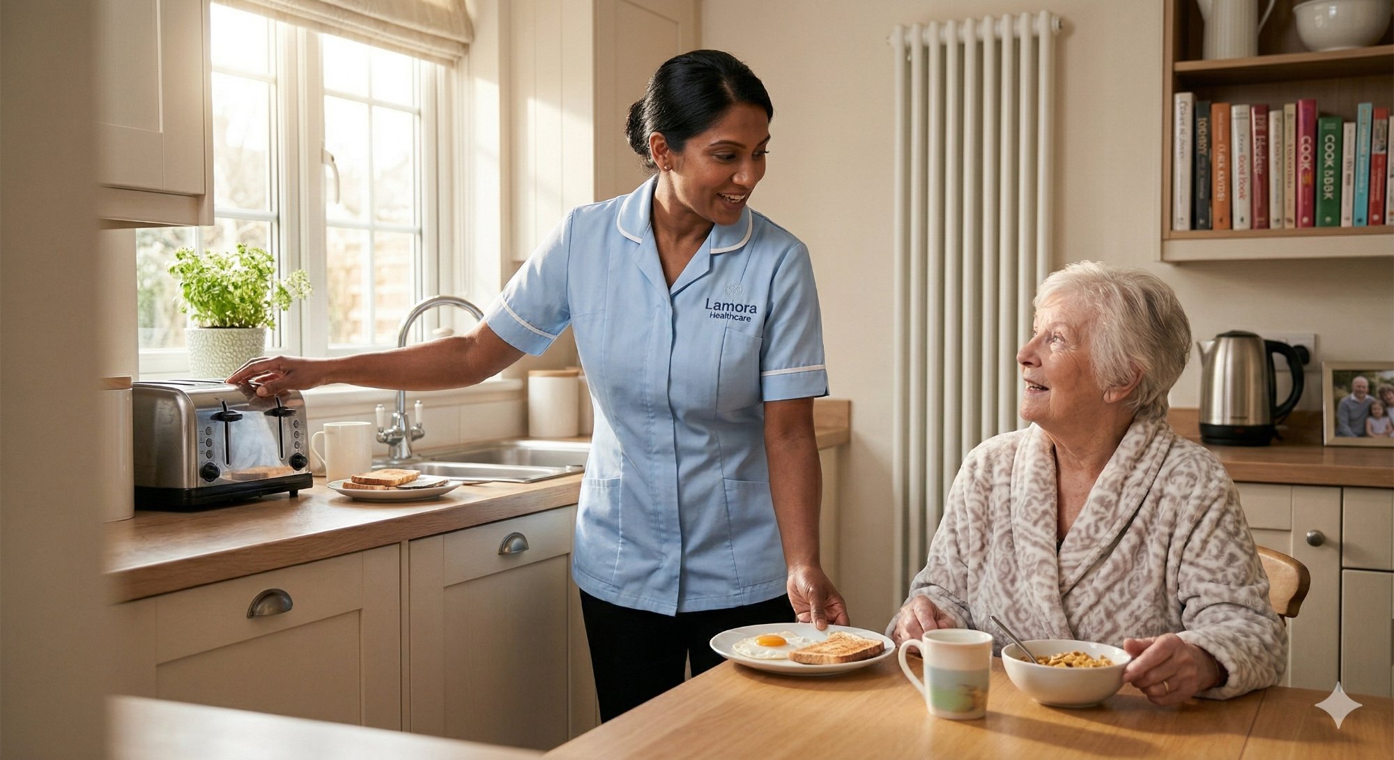 Live-in carer preparing breakfast for elderly client at home