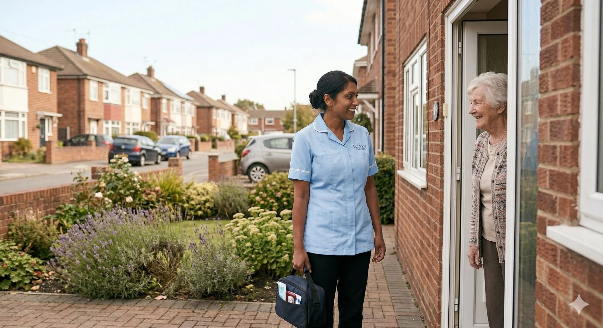 Lamora Healthcare carer arriving at client front door for visiting care