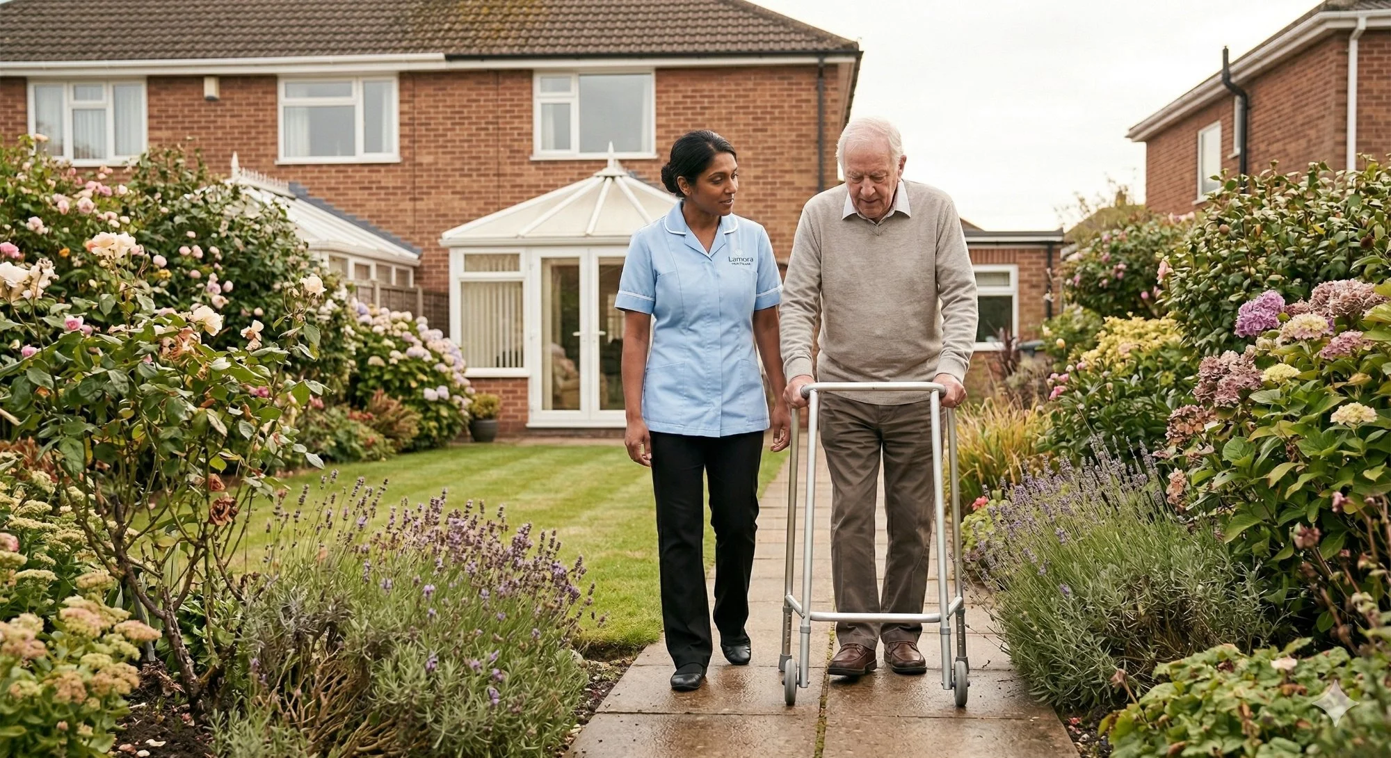 Carer supporting elderly man with walking frame in garden