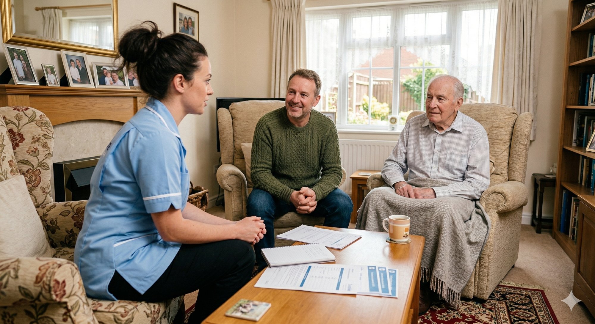 Lamora Healthcare carer meeting with son and elderly father to discuss care options