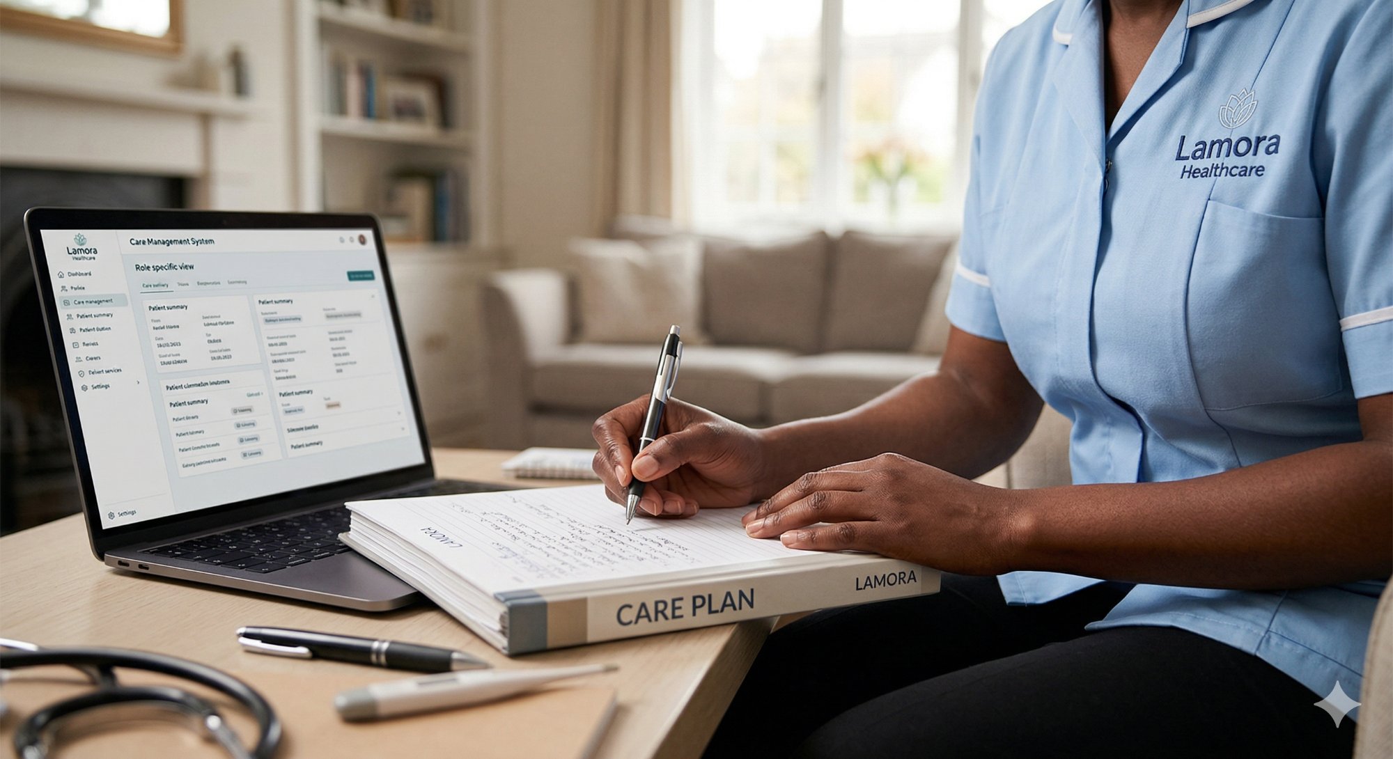 Nurse reviewing care plan with care management system