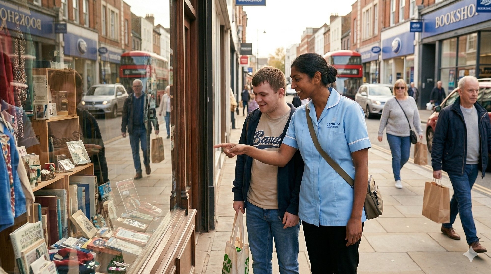 Lamora Healthcare support worker with client on British high street